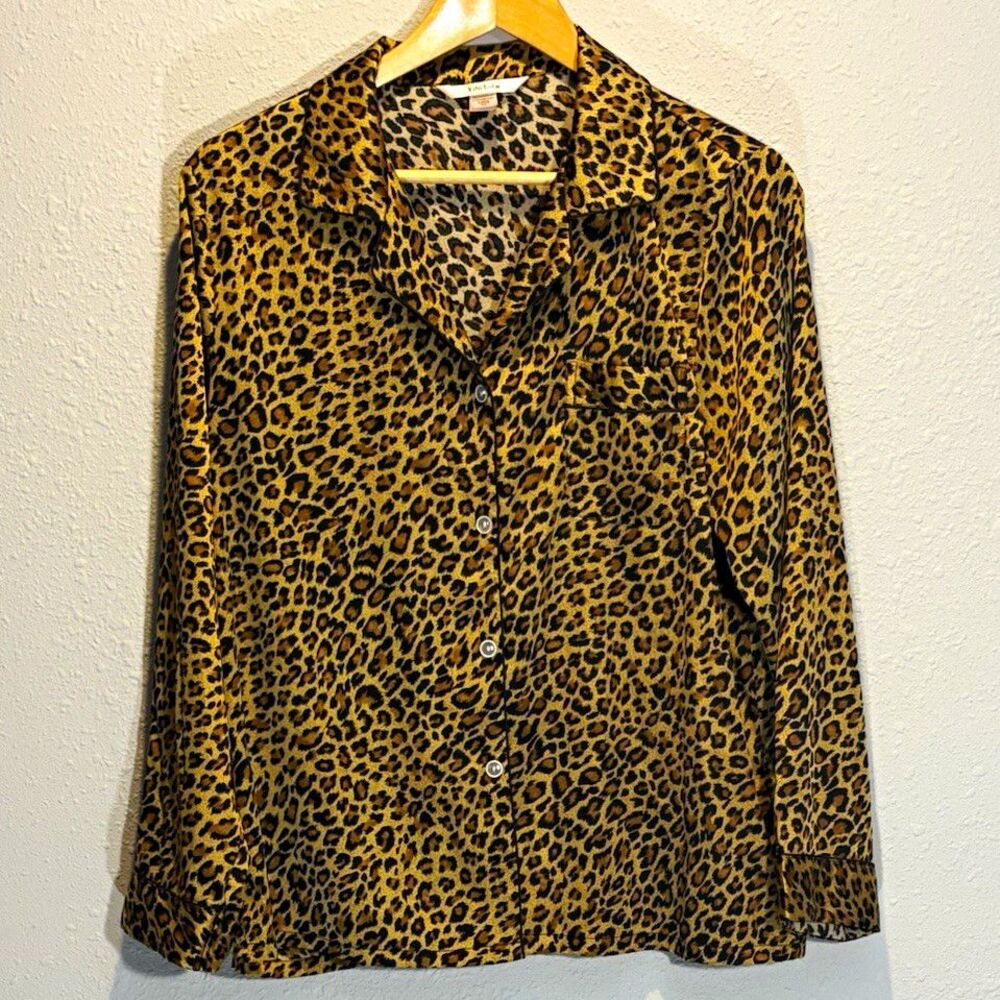 YiNi LuLu Women's Leopard Print Satin Pajama Set M Button Front Elastic Waist